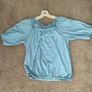 Light blue poka dot off shoulder blouse